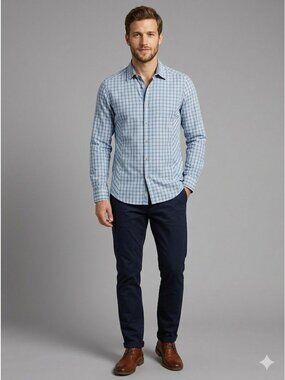 Ted Baker London Plaid Long Sleeve Curved Hem Button-Up Shirt Blue Men's Size S